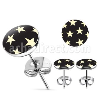 er200 par piercings oreja acero inoxidable logo estrellas blancas fondo negro 10mm al por mayor