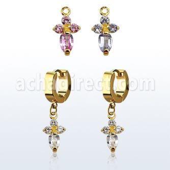 ergz518 pendiente huggie oreja acero inoxidable pvd dorado colgante cruz formado por cuatro zirconias s venta