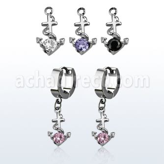 erhz371 par pendientes huggie oreja acero inoxidable brillo espejo colgante ancla zirconita redonda mayorista