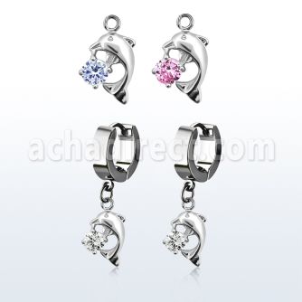 erhz7 par pendientes huggie oreja acero inoxidable brillo espejo colgante delfin zirconia redonda engastada mayorista