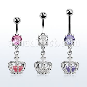 mcdz590 piercing ombligo acero quirurgico zirconita redonda 8mm colgante corona zirconia plata mayorista