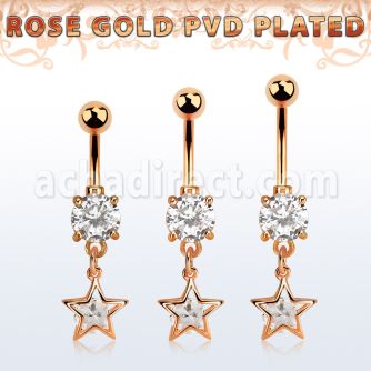 mdrz414 piercing ombligo acero 316l pvd oro rosa zirconita redonda 8mm colgante estrella zirconia redonda medio oro rosa mayorista