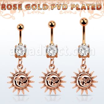 mdrz726c piercing ombligo acero 316l oro rosa zirconita redonda 8mm colgante liso sol oro rosa al por mayor