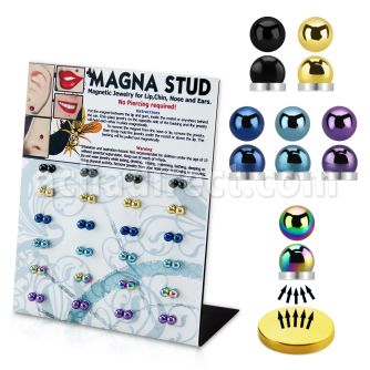 mg102 display 48 piercings labret magneticos acero anodizado 4mm media bola al por mayor