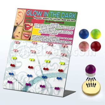 mg107 display 48 piercings labret falsos magneficos acrilicos brillan oscuridad 3mm media bola venta