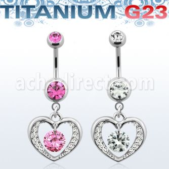 umcd571 piercing ombligo titanio g23 bolas joya bisel 5mm 8mm corazon cristal colgado zirconia redonda centro 10mm al por mayor