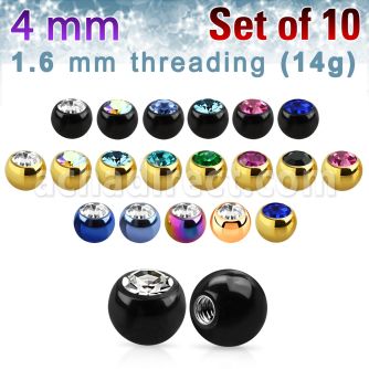 xjbt4g pack 10 bolas acero quirurgico anodizado 4mm cristal bisel rosca mayorista