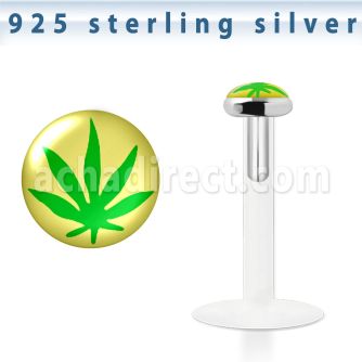 bilg2 labret bio flexible transparente plata esterlina presion 3mm hoja marihuana verde fondo amarillo al por mayor