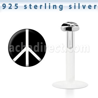 bilg53 labret bio flexible transparente plata esterlina presion 3mm logo paz blanco fondo negro mayorista