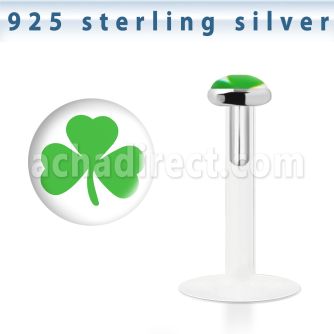 bilg57 labret bio flexible transparente plata esterlina presion 3mm logo trebol verde fondo blanco al por mayor