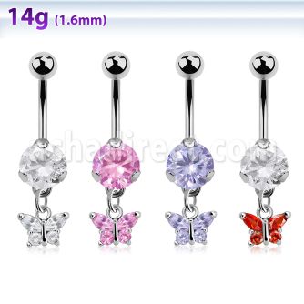 bnrz589 piercing ombligo acero quirurgico zirconia 8mm colgante mariposa zirconia engastada al por mayor