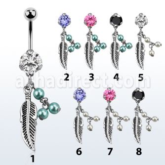 bnrz601 piercing ombligo acero quirurgico zirconia 8mm colgante pluma 3 falsas perlas 38 10mm mayorista