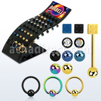 brbbtm display 40 barbells lengua acero 316l anodizado variados bolas lisas bola joya dados dados anillos conectados 16mm distribuidor mayorista