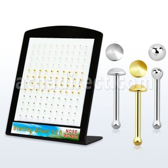 brbmx1 display expositor 120 piercing nariz hueso plata esterlina 925 0 6mm formas bola 1 5mm disco plano 2mm disco oro 18 kts 2mm mayorista