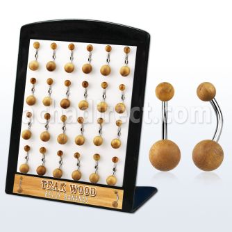 brbngte display 24 piercings ombligo organicos barra acero 316l bolas madera teca 5 8mm 10mm distribuidor mayorista