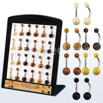 brbngw1 display 24 piercings ombligo organicos barras 316l bolas maderas 5 8mm 10mm al por mayor