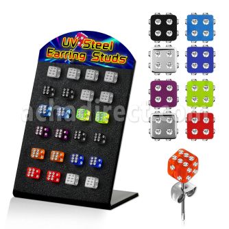 brdic5 soporte 12 pares piercings oreja acero inoxidable dado acrilico uv 5mm puntos cristal distribuidor mayorista