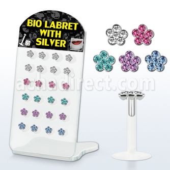 brlbi8 display 24 labrets bio flexible claros ocn flor plata esterlina hojas cristal 8mm mayorista