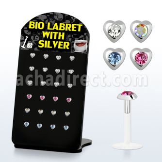 brlbi9 display 24 labrets bio flexibles transparentes corazon plata esterlina cristal centro 8mm distribuidor