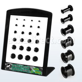 brpg77 display 24 dilataciones tunel flare unico acero anodizado negro anillo goma 3mm 12mm venta