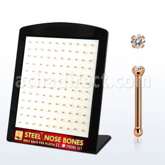 brs128 display unidades piercing nariz hueso acero chapado pvd oro rosa cz redonda color claro