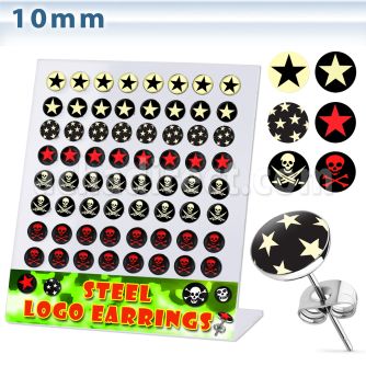 brser11 display 32 pares piercings oreja acero quirurgico logos variados estrellas calaveras 10mm al por mayor