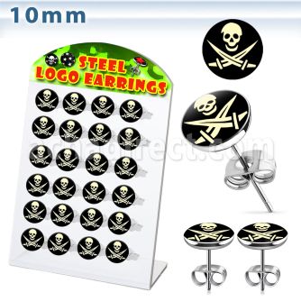 brser12 display 12 pares piercings oreja acero quirurgico logos variados calaveras 10mm distribuidor