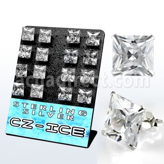 brszq12 display 8 pares piercings oreja plata esterlina grandes zirconia cuadradas claras 12mm distribuidor
