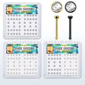 bxnbst20 box with 52 pcs. of black & gold anodized surgical steel nose bones 20g 0.8mm with 2mm clear crystal tops distribuidor mayorista
