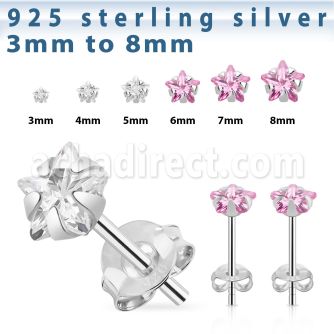 czstm par piercings oreja plata 925 zirconia estrella 3mm 8mm al por mayor