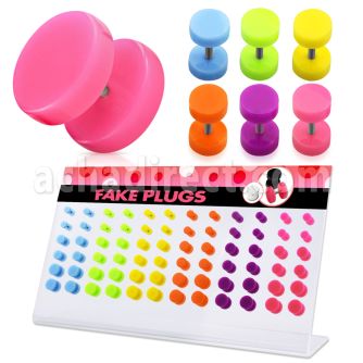 dacb113 display acrilico 72 plugs falsos colores acrilicos variados anillos goma mayorista