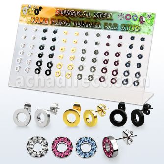 dacb206 display 36 pares piercings oreja dilataciones tunel falsass brillo espejo anodizado negro dorado cristal distribuidor