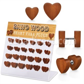 dacb235 display acrilico 24 plug falso madera sawo corazon acero 316l 8mm & 10mm al por mayor
