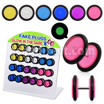 dacb41 display 24 plugs falsos acrilicos brillan oscuridad anillo goma 8mm mayorista