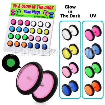 dacb42 display 24 plugs falsos acrilico uv brillan oscuridad anillos goma 8mm venta