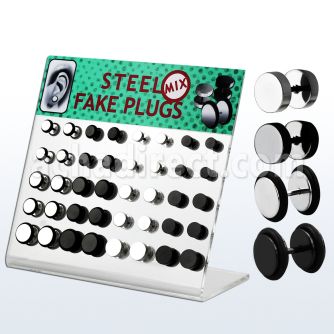 dacb63 display 40 plugs falsos acero quirurgico brillo espejo anodizado negro anillo goma distribuidor