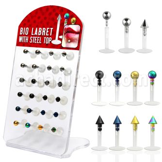 dacb74 pequeno display 24 labrets bio flexibles bolas conos acero quirurgico anodizado 3mm 8mm venta