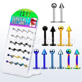 dacb75 pequeno display 24 labrets acero quirurgico anodizado bolas conos 3mm 8mm distribuidor