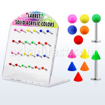 dacb97 display 24 labrets acero quirurgico bolas conos 3mm colores solidos 8mm distribuidor