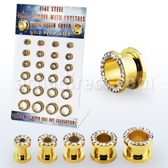 dapg102b display 24 dilataciones tunel acero quirurgico pvd dorado cristal claros lado 4mm 12mm al por mayor