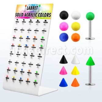 dbjmx8 display 40 labrets acero quirurgico bolas conos acrilicos 3mm colores solidos 8mm distribuidor mayorista