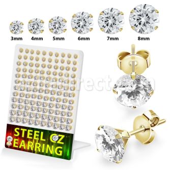 destzrg gold pvd 316l steel prong set ear studs round clear cz