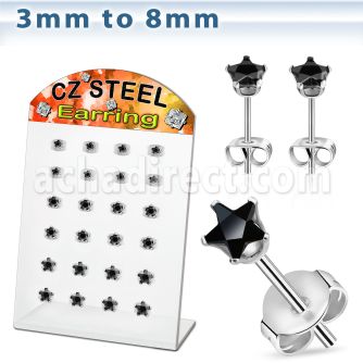 dezstk display 12 pares piercings oreja acero inoxidable zirconia estrella negras 3mm 8mm distribuidor mayorista