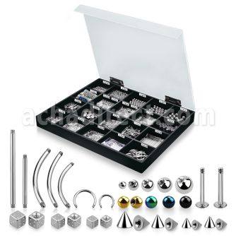 dmbj13 display acrilico 945 partes piercings acero quirurgico bolas conos dados barras bananas barbells circulares labret barbells mayorista
