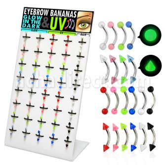 dmey3 display 40 bananas ceja acero quirurgico bolas conos acrilico uv brillan oscuridad 3mm 8mm mayorista