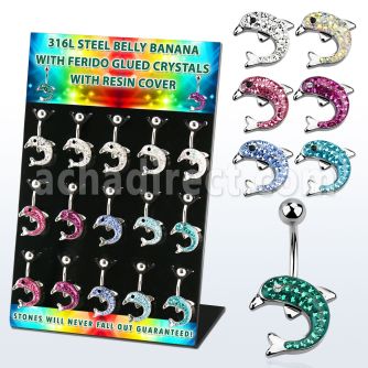 dmix16b display 15 piercings ombligo acero 316l delfines multi cristal ferido con 10mm mayorista