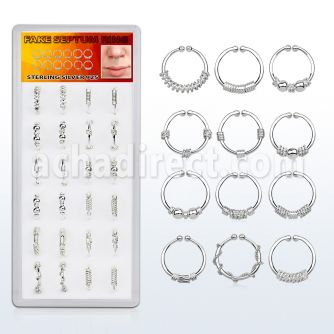 dnsm77 caja 24 anillos septum falsos plata esterlina 1mm disenos variados 12mm al por mayor