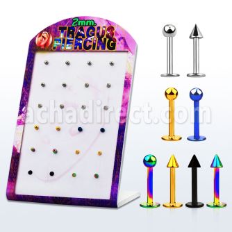dtrg2 display 24 labrets acero quirurgico anodizado brillo espejo piercing tragus bolas conos 2mm 8mm venta