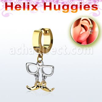 ehg507 pendiente huggie helix acero inoxidable pvd oro bigote gafas oro colgado se vende por pieza al por mayor