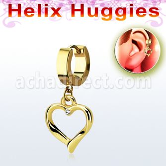 ehg666 pendiente huggie helix acero inoxidable pvd oro corazon colgado cristal claro se vende por pieza venta